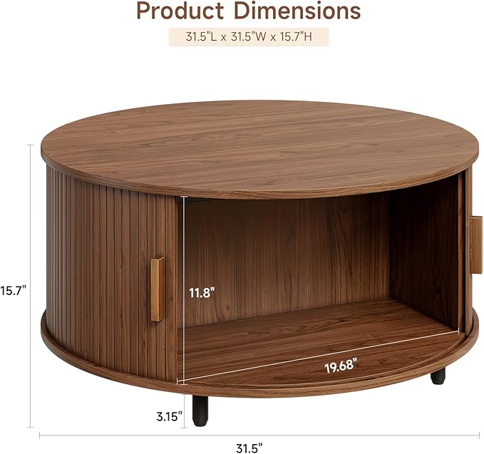 Round Coffee Table with Storage, 31.5" Modern Coffee Table with 360° Curved Sliding Door, Fluted Wood Accent Coffee Table with Adjustable Footpads, Round Center Table for Living Room, Walnut