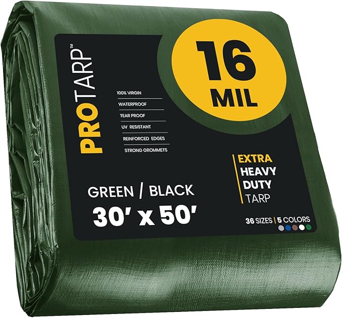 PROTARP Extra Heavy Duty 16 Mil Tarp Cover, Waterproof, UV Resistant, Rip and Tear Proof, Poly Tarpaulin with Reinforced Edges for Roof, Camping, Patio, Pool, Boat. (Green/Black 30′ X 50′)