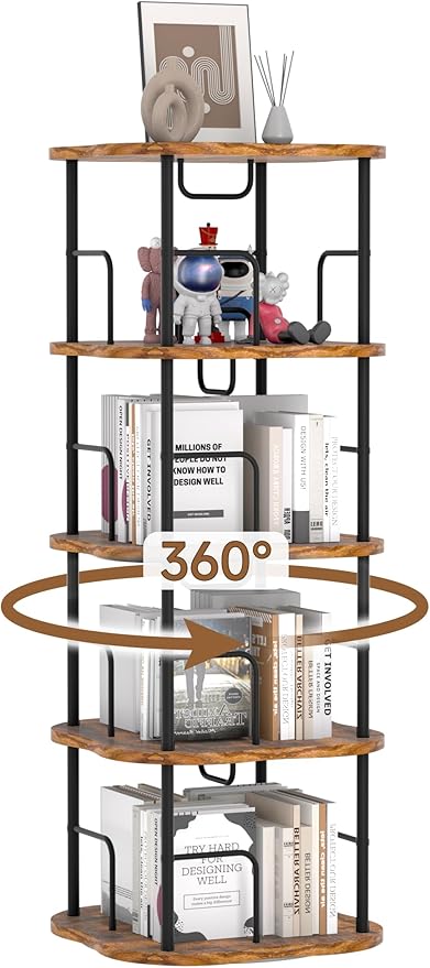 4-Tier Rotating Book Shelf, 360° Display Spinning Bookshelf Tower, Book Organizer, Floor Standing Bookcases for Small Space, Corner Book Shelf for Bedroom, Living Room, Study Room (RUSTIC BROWN)