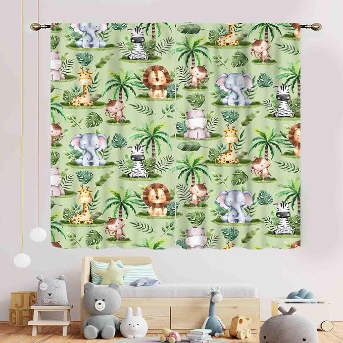 Jungle Safari Animals Curtains, Cartoon Animals Lion Giraffe Elephant Woodland Tropical Leaf Green Window Drapery for Kids Boys Girls Baby Living Room Bedroom Nursery 2 Panels, 52"x84" Inch