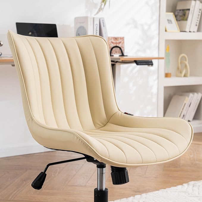 YOUNIKE Beige Home Office Desk Chair with Wheels Swivel Comfy Armless Vanity Chair with Back Modern Leather Upholstered Rolling Task Chair Small Cute Drafting Sewing Chair No Arms Adjustable