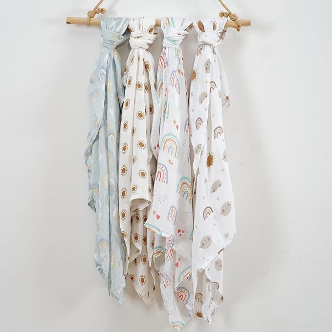 4 Set Muslin Swaddle Blankets for Newborn Baby Boys, Girls,Receiving Blankets-Cute Soft Print Baby Towel Wrap 120x110cm Baby(Rainbow)