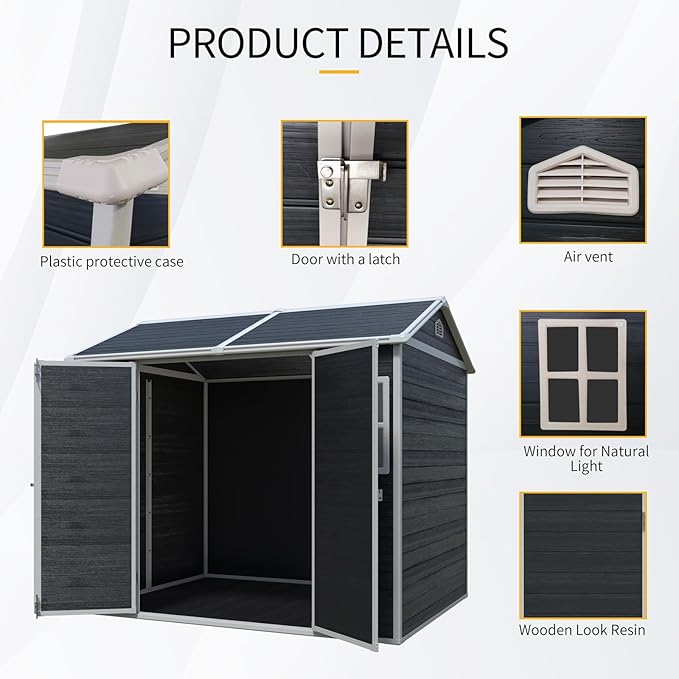8x6 FT Outdoor Storage Shed, Resin Garden Shed with Thick Floor, Plastic Storage Shed with 2 Windows, Waterproof Outside Tool Shed with Lockable Hinged Doors for Backyard, Patio, Lawn, Black