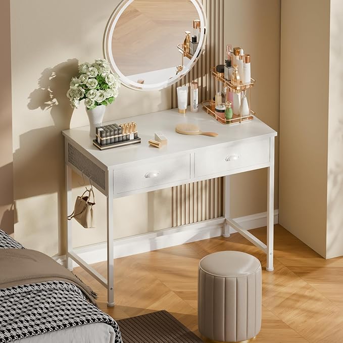 Furologee White Small Computer Desk with 2 Fabric Drawers for Bedroom,34 Inch Simple Home Office Writing Desk, Vanity Desk with Hooks, Study Table for Adults Student Small Spaces