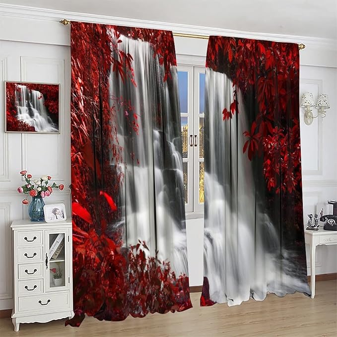 Red Forest Waterfall Blackout Windows Curtains, 2 Panels, 42x54in, Red & Black, Rustic Style, Rod Pocket Top, Suitable for Bedroom, Living Room