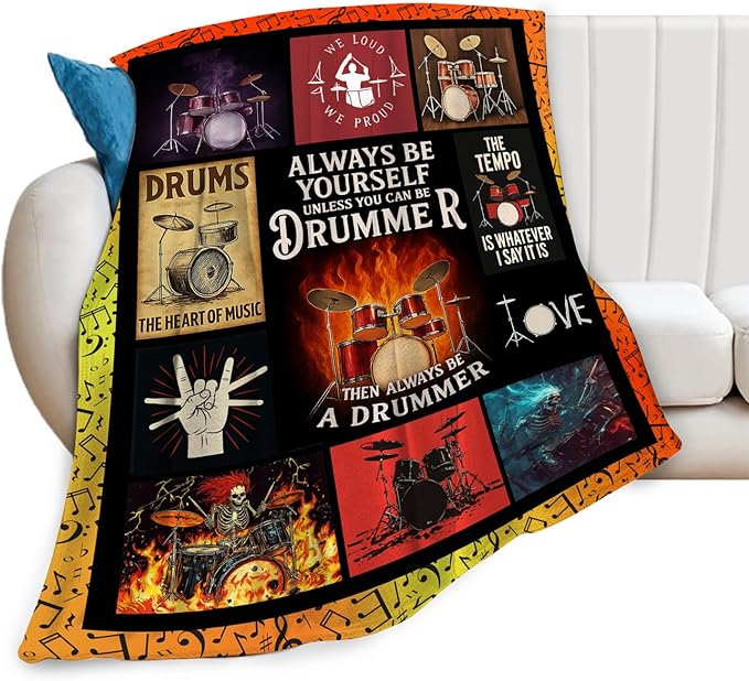 Drum Set Fleece Blanket Rock Music Throw Blankets for Girls Boys Super Soft Warm Flannel Cool Musical Instrument Throws Gifts for Men Women Cozy Fuzzy Plush Stuffed Couch Bed Bedding Decor 60"x50"