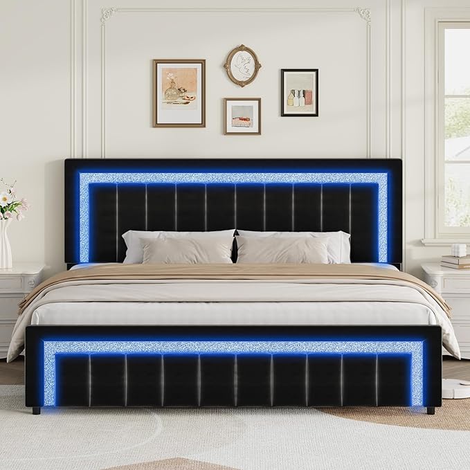 HOMBCK Bed Frame King with LED Lights and Velvet Upholstered Headboard