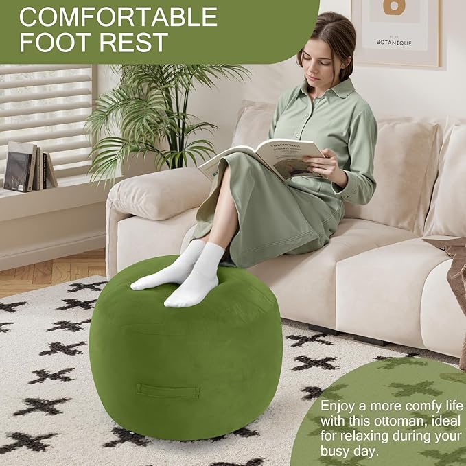 MeMoreCool Round Stuffed Pouf Ottoman Foot Rest, Floor Pouf Foot Stool with Soft Foam Chunk Filling, Small Round Ottoman Footstool Circle Footrest for Living Room, Green