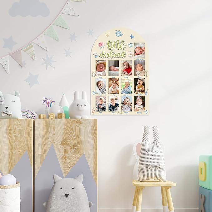 R HORSE My First Year Photo Frame Board, 3D Onederland Tea Party Birthday Decorations Display Wood Board, Baby First Year Picture Frame 12 Months Milestone 1st Birthday Nursery Decor Gift for Girl