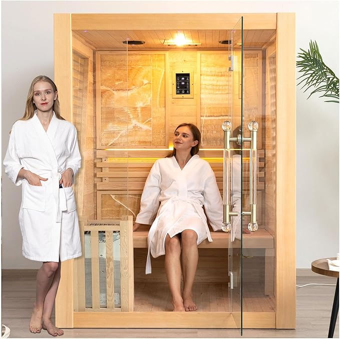 Smartmak Wood Home Steam Sauna, 3 Person Canadian Hemlock Traditional Luxurious Wooden Indoor Spa Room, with 3.5 kw Heater, Bluetooth Speaker, Rocks, Water Bucket, Spoon, Lights, US Instock