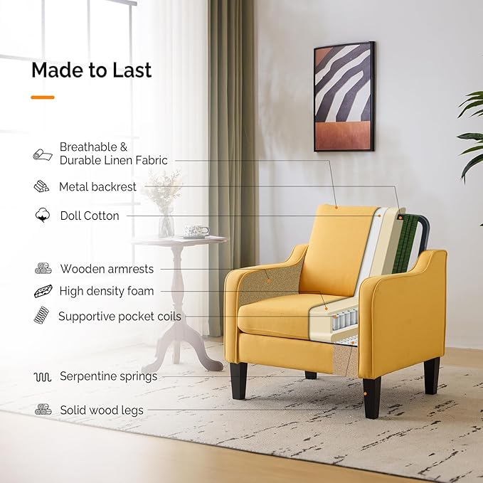 VINGLI Accent Chairs Set of 2 Living Room Chairs Yellow Reading Chair for Bedroom Scooped Arm Chair Mid Century Modern Accent Chairs Upholstered Comfy Chair for Apartment, Waiting Room