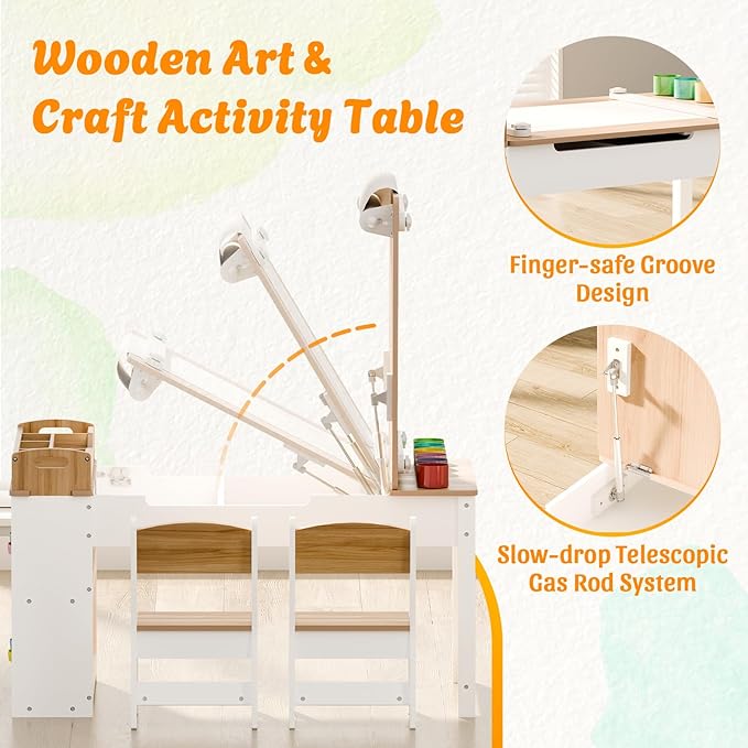 Kids Art Table and Chair - Toddler Craft Table and Chairs Set with 2 Chair & Bins, Kids Activity Desk with Paper Roll for Playrooms & Classroom, 44" L x 24" W, Natural