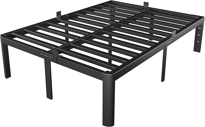 Queen Size Bed Frame Black, 16 Inch Metal Queen Bed Frame No Box Spring Needed, DIY Headboard Holes, Heavy Duty Steel Support 3500 LBS, Noiseless, Round Corner Leg, Storage Space, Easy Assembly