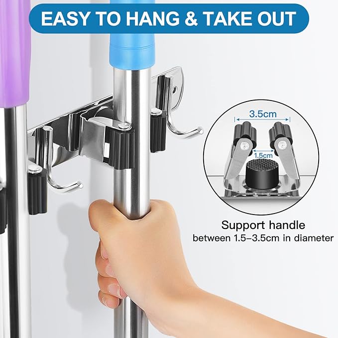 IMILLET Broom Holder Wall Mounted, Stainless Steel Broom Mop Holder Self Adhesive Heavy Duty Hooks Storage Organizer for Home Laundry Room Garden Garage Closet Kitchen 1 Pack（5 Racks with 4 Hooks）