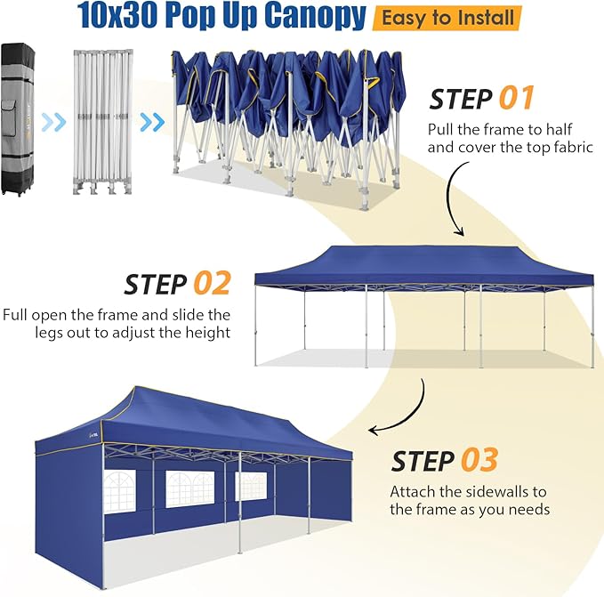 HOTEEL 10x30 Pop up Canopy Tent for Parties, Heavy Duty Easy Setup Tent with 5 Sidewalls, Outdoor Commercial Instant Gazebo for Wedding Event, with Roller Bag & Sand Bags, Dark Blue(Hexagonal Frame)
