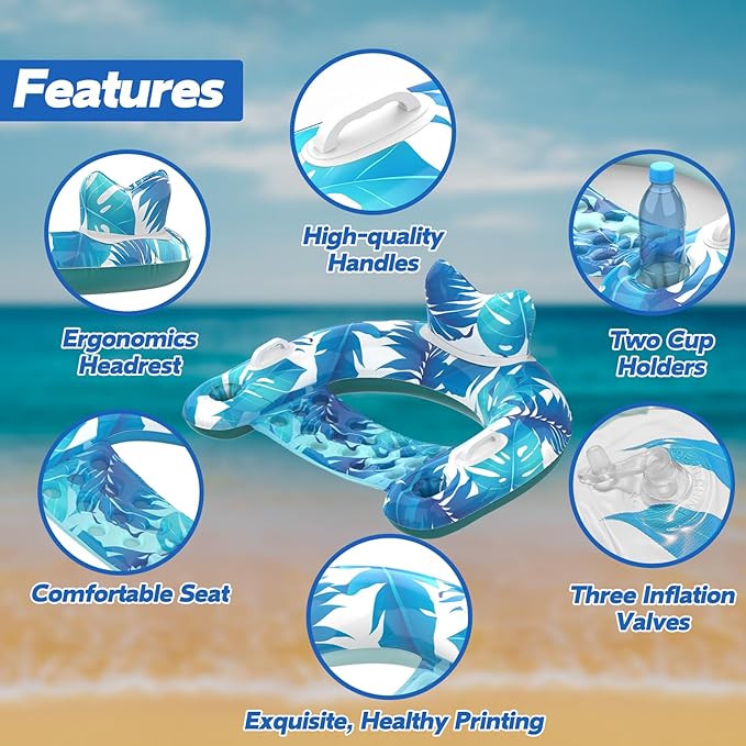 Pool Floats, 3 Pack Inflatable Pool Float Chairs with Cupholders & Handles, Pool Floats Adult & Kids Perfect for Pool Lake & Rivers, Pool Toys Party, Relaxing Inflatable Chair for Swimming Pool