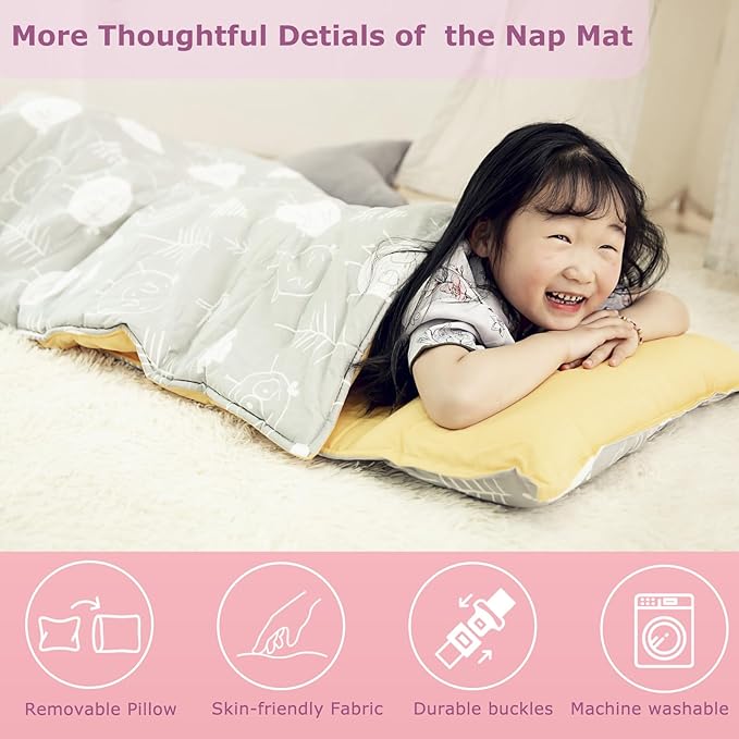 Toddlers Nap Mat with Removable Pillow and Soft Blanket, Lightweight Daycare Preschool Kindergarten Sleeping Bag, Travel Slumber for Kids Girls Boys