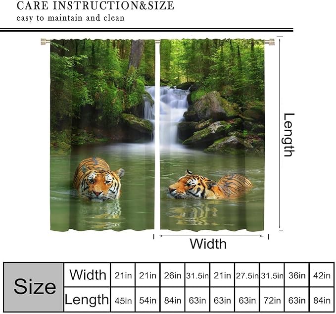 Forest Waterfall Landscape Blackout Window Curtains, Animals Tigers Waterfall Woodland Natural Window Drapes, for Living Room Bedroom 42" W X 63" L