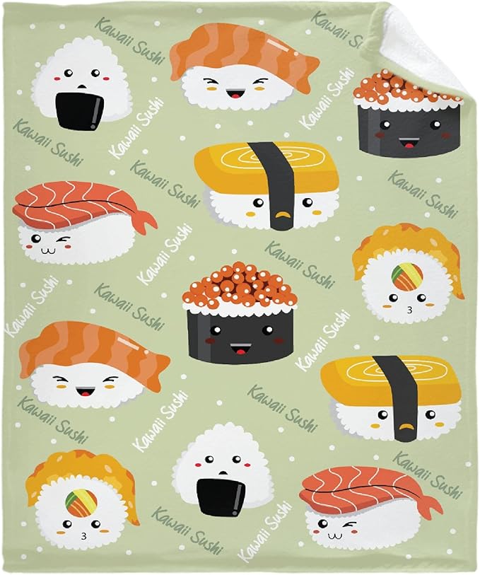 Thuswarm Cute Sushi Kawaii Flannel Throw Blanket Warm Cozy Soft Cartoon Food Print Blankets for Bed Couch Sofa Room Decoration Gifts 80”×60” Large for Adult