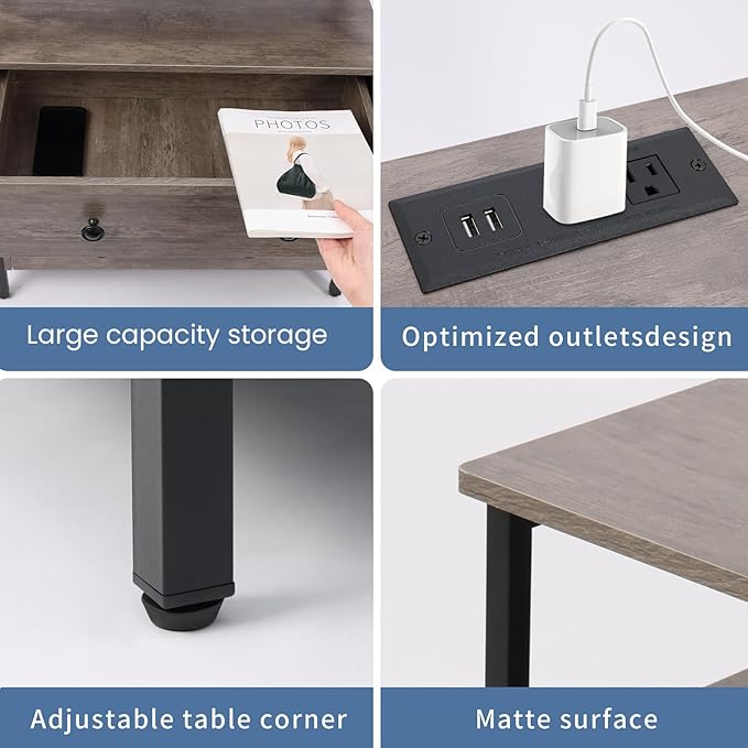 3 Wooden Drawers Nightstand, 27 Inch Wide Night Stand Set 2 with Charging Station and Adjustable Drawers, Bedside Table for Living Room/Bedroom/Office, Gray.