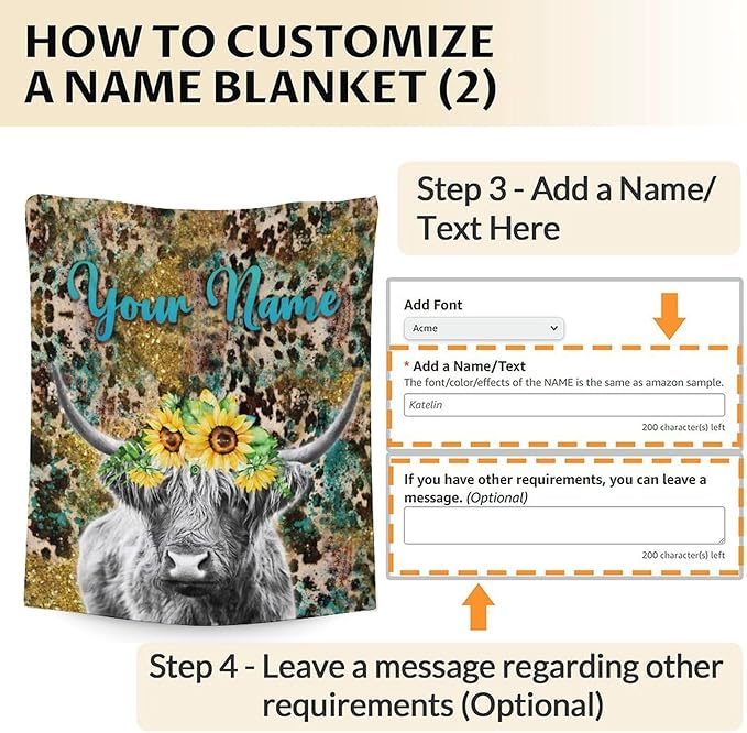 Custom Highland Cow Blanket Gifts with Name - 50x40 Inches Cute Throw Blanket for Women Girls - Dark Soft Fuzzy Vintage Leopard Print Blankets for Crib Couch Sofa Travel