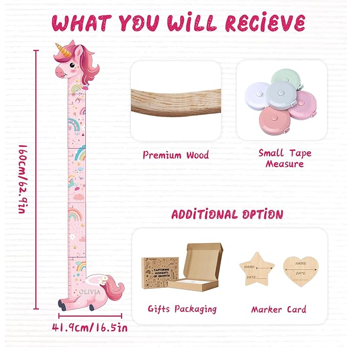Personalized Name Growth Chart for Kids, Unicorn Wooden Wall Decor Growth Chart, Wall Decor for Kids Room, Wooden Growth Chart for Wall and Nursery Medical Office Toddler Playroom