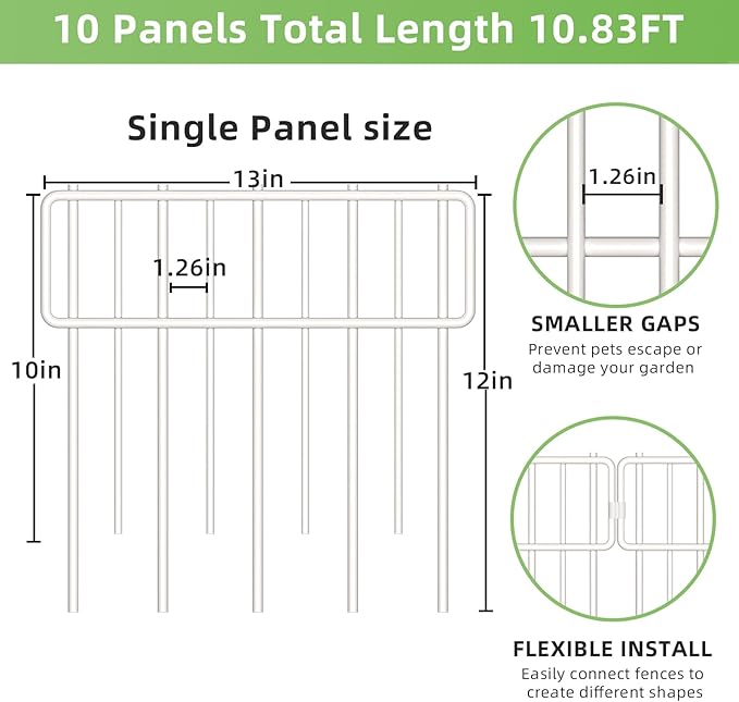 Animal Barrier Fence, 10 Pcs Upgrade 1.26 in Gap Decorative Fences No Dig Fence for Rabbits and Dog Ground Defense, Rustproof Metal Wire Garden Edging Border for Outdoor, Yard, White