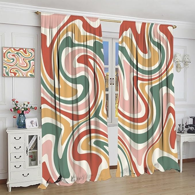 70S Abstract Wavy Swirl Curtain for Bedroom Windows,Retro Boho Minimal Teen Girls Kids Living Room Restroom Window Treatments Drapes 84"" W X 84"" L, Style-4