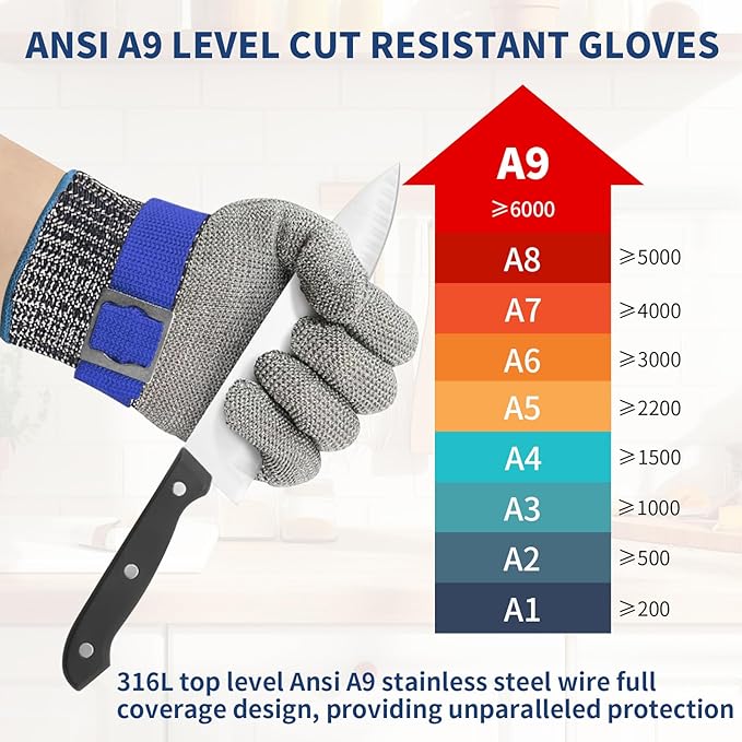 SMONT A9 Cut Resistant Gloves, Stainless Steel Metal Mesh Cut Glove for Oyster Shucking Butcher Mandolin Whittling Meat Fish Cutting Wood Carving Knife Proof XL
