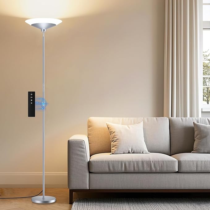 Silver Torchiere Floor Lamp - 30W Dimmable LED Standing Lamp