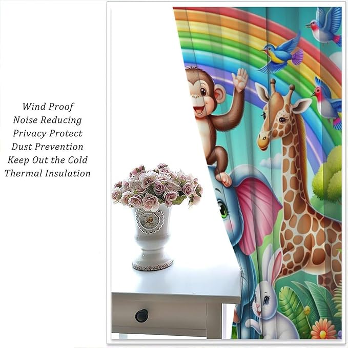 Animals Window Curtain Rod Pocket Kids Boys Girls Forest Giraffe Elephant Monkey Flowers Window Treatment for Baby Children Bedroom Living Room 63" W X 63" L