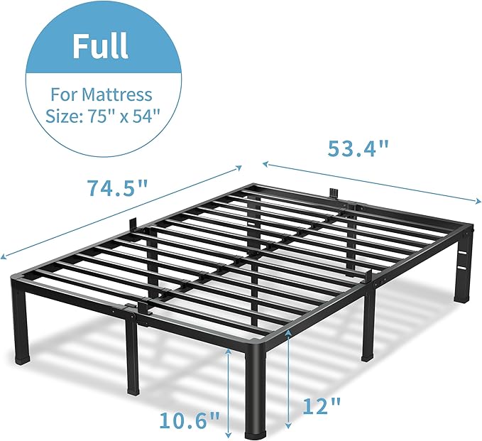 12 Inch Full Size Bed Frame, 3500Lbs Heavy Duty Metal Platform with Round Corner Legs Mattress Slide Stopper, Steel Slat Support No Box Spring Needed, Noise Free, Non-Slip, Easy Assembly