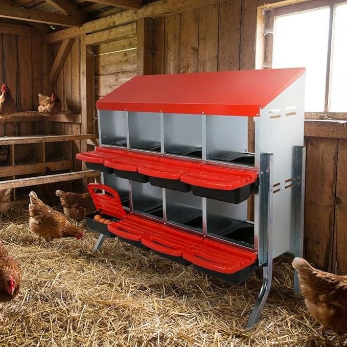 GarveeHome 2-Tier Chicken Nesting Box, 8 Compartment Metal Chicken Laying Boxes with Waterproof Roof ＆ Removable Trays for Hens, Poultry，Easy Egg Collection