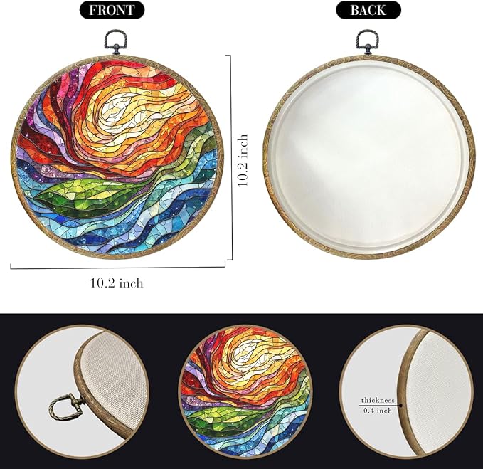Colorful Boho Rainbow Geometric Spiral Sun Art Gift Framed Round Wall Decor Canvas Wall Art Hanging Prints Artwork for Home Office Bathroom Bedroom Living Room Decorations 10.2X10.2 Inch
