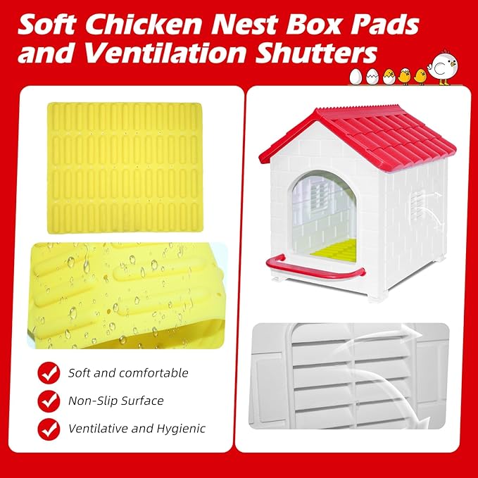 Single Compartment Chicken Nesting Box, Waterproof Plastic Chicken coop, Wall Floor DIY Nest Box for Hens, Ducks, Rabbits and Other Poultry,Red