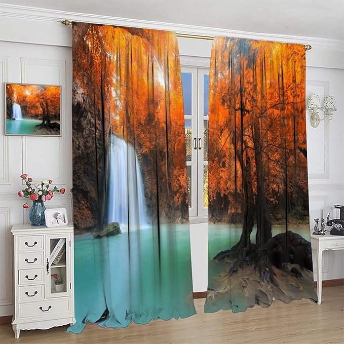 Forest Waterfall Blackout Curtains, Fall Leaves Trees Jungle Autumn Stream Country Nature Landscape Scenery Window Drapes, for Bedroom Living Room 63" W X 63" L