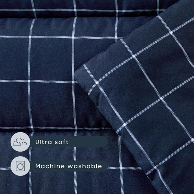 Wake In Cloud - Toddler Nap Mat with Pillow and Blanket, for Kids Boys Ages 3 Plus in Kindergarten Daycare Preschool Pre K, Roll Up Sleeping Bag, Gingham Plaid Grid Checkered, Navy White, Standard