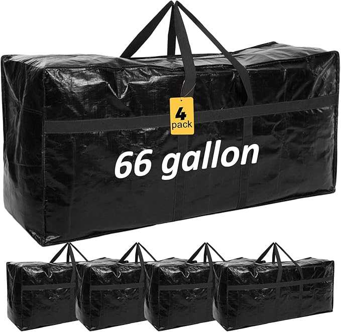 4 Pcs 66 Gallon Large Moving Bags with Zipper and Handles Foldable Storage Duffle Bags Heavy Duty Extra Large Totes for College Dorm Travel Clothes Blankets Bedding Moving (Black)
