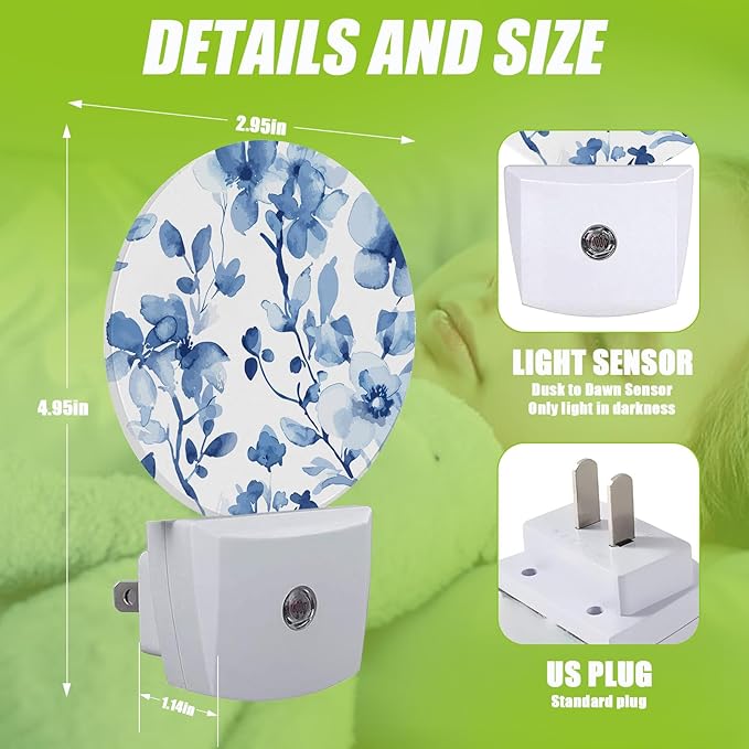 Vintage Blue Floral Night Light, Abstract Botanical Floral Plug-in Night Lights
