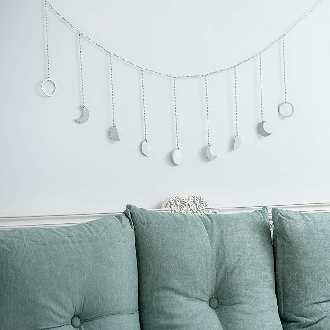 Mkono Moon Phase Wall Hanging Boho Aesthetic Room Decor Metal Moons Garland Hanging Art Bohemian Home Decoration for Girls Room Nursery Bedroom Livingroom Dorm, Ideal, Silver, 50"