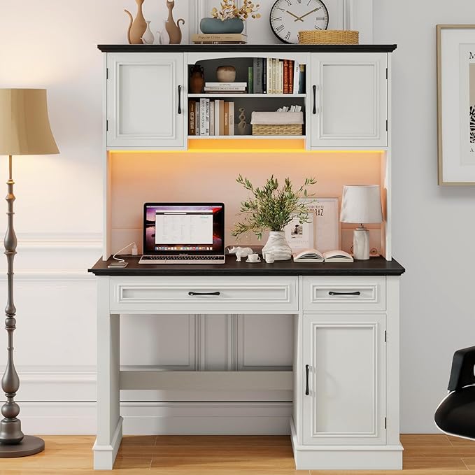 Farmhouse 47" Executive Desk with Hutch, 2 Drawers and LED Light, Computer Desk with Storage Cabinet and Charging Station,Workstation for Home Office and Study.