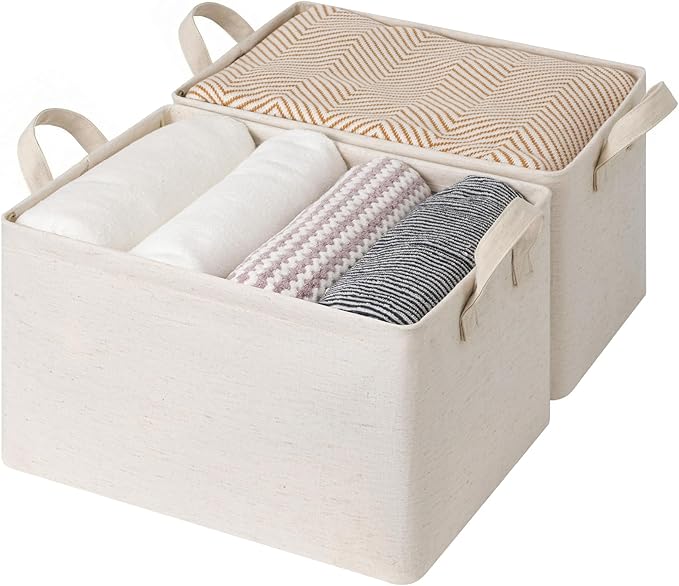 StorageWorks Storage Bins, Shelves Baskets for Organizing, Large Fabric Closet Organizers with Handles, Metal Frame, Beige（Cotton-linen）, 2-Pack