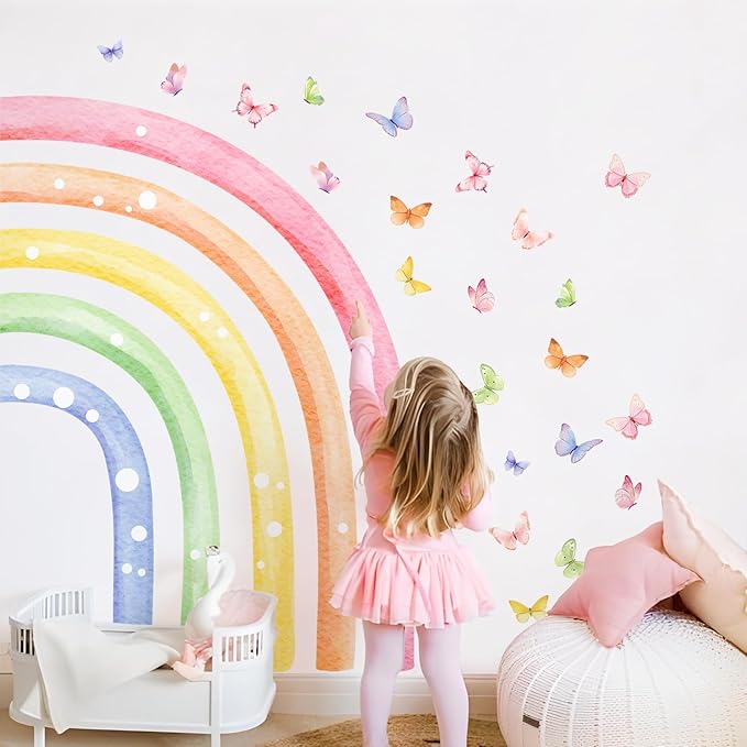 H53.9 Large Watercolor Rainbow Wall Decals, Half Rainbow Wall Stickers Peel and Stick Mural for Girls Boys Nursery Kids Room Home