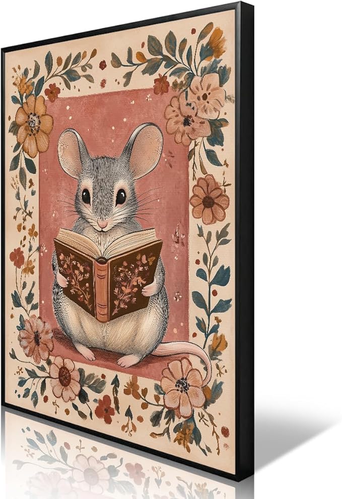 Nursery Animal Canvas Wall Art, Mouse Reading A Book Poster, Cozy Folk Art Prints, Kids Room Farmhouse Botanical Floral Painting, Library Reading Corner Wall Decor 8x12in Wrapped Canvas