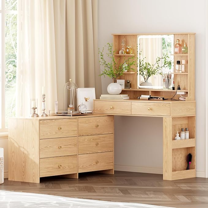 Large Makeup Vanity Desk with Mirror and Lights, Vanity Desk with 8 Drawers & Storage Shelves, Vanity Table with Power Outlet, 3 Color Modes & Adjustable Brightness Dressing Table, Bedroom,Oak
