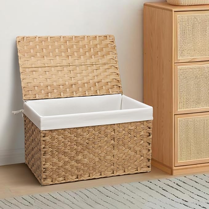 Wicker Storage Basket with Lid, 27.7 Gallon (105L) Large Blanket Basket with Lid, Woven Storage Bin with Handles, Removable Liner, Metal Frame, Foldable, for Bedroom, Laundry Room, Natural
