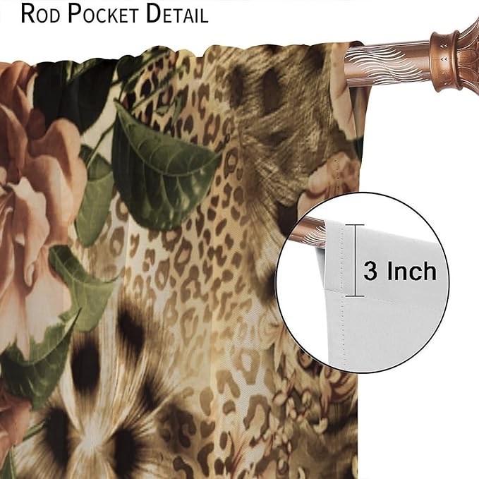 Leopard Floral Blackout Curtains, Cute Boho Floral Cheetah Animal Pattern Safari Natural Theme Window Treatments for Bedroom Living Room 63" W X 63" L