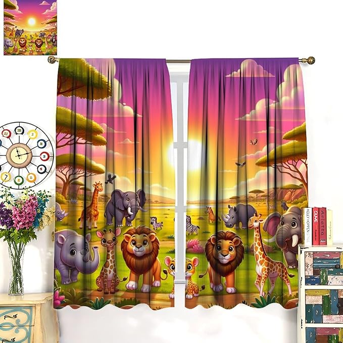 West Animal Curtains Kids Boys Girls Window Treatment Africa Cartoon Animals Lion Elephant Giraffe for Nursery Baby Bedroom Playroom Decor Window Drapes 63" W X 72" L