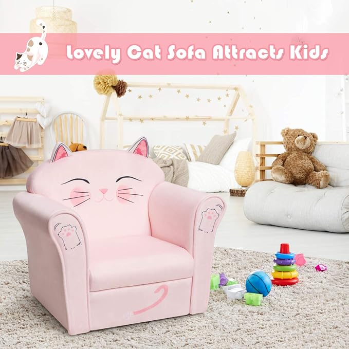 Costzon Kids Couch, Children's Sofa Armrest Chair with Pattern, Toddler Furniture w/Sturdy Wood Construction, Preschool, Lightweight Kids Couch Sofa Chair for Aged 1-5 Boys & Girls Gifts Presents, Cat