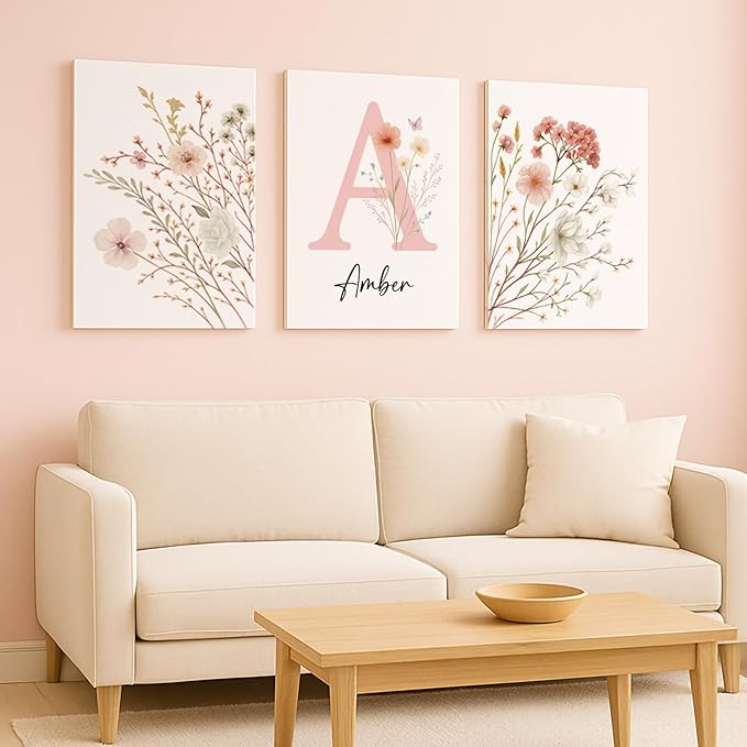 Personalized Girls Nursery Wall Art - Custom Name Pink Floral Butterfly Canvas Print 3pc Framed Wrapped Canvas for Bedroom Living Room Entryway Study Room Initial Wall Decor Baby Shower Birthday Easter Graduation New Year Valentine's Day Gift (40×60cm/...